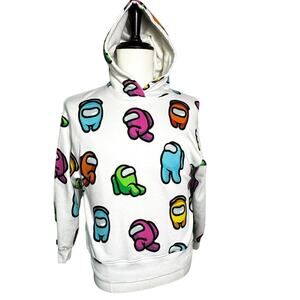ZARA Unisex Kids Large 13-14 White Among Us Crew Hoodie Sweatshirt Rainbow Gamer